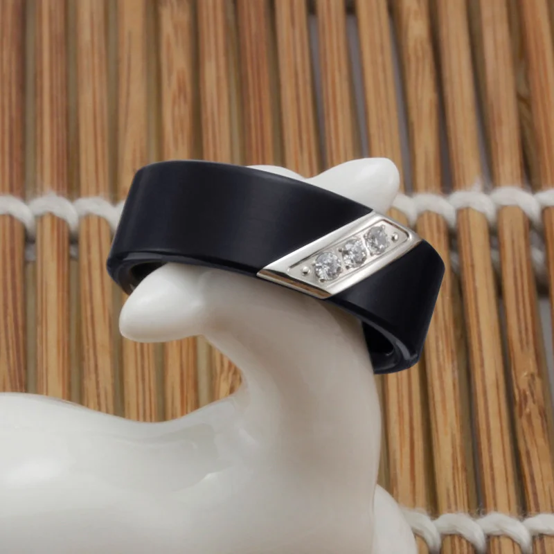 8MM Silver/Blue Flat Tungsten Carbide Wedding Bands with CZ Stone Inlay for Men Women Channel