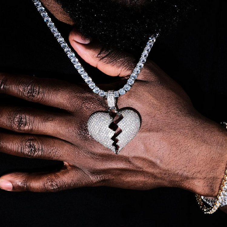 Broken Heart Iced Out Chain Heartbreak Pendant Necklace Hip Hop Men's Jewelry