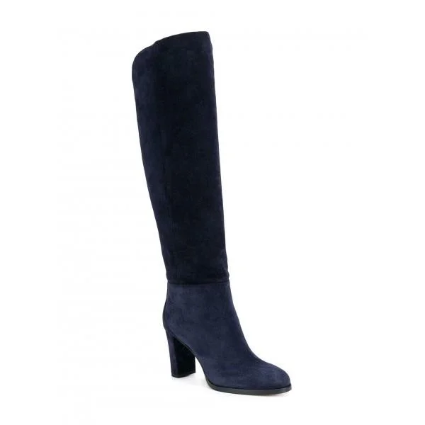 Suede Navy Boots Round Toe Chunky Heels Knee High Long Boots