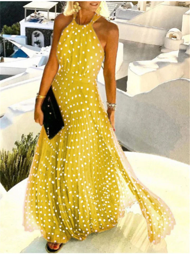 Women's Casual Dress Swing Dress Polka Dot Dress Long Dress Maxi Dress Green Black Blue Sleeveless Polka Dot Print Spring Summer Halter Neck Gothic Daily 2022 S M L XL