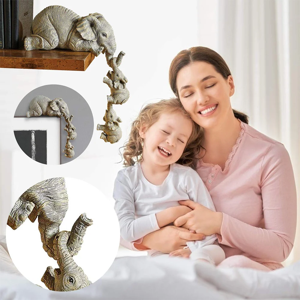 3-piece Elephant Mothers Hanging 2-Babies Figurine Resin Craft Ornaments