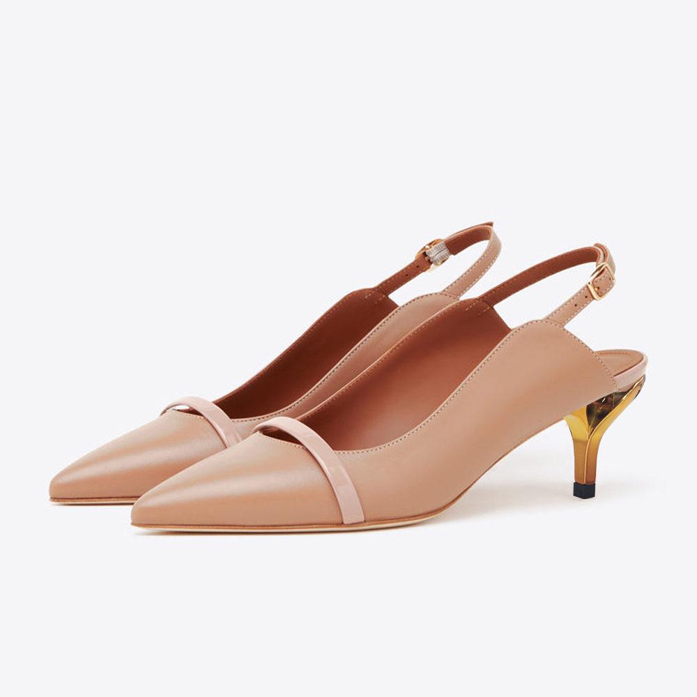 Beige Vegan Leather Closed Toe Kitten Heel Slingback Pumps Nicepairs