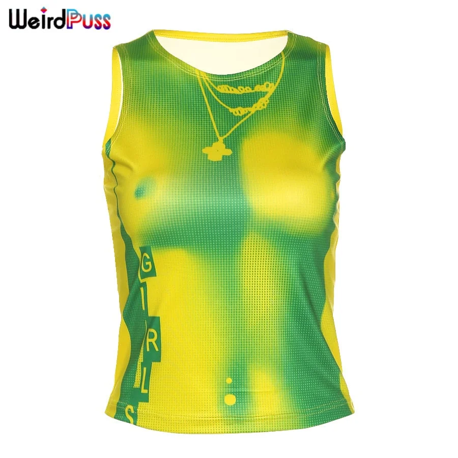 Weird Puss Tie Dye Print Skinny Tank Tops Women Slim Casual Aesthetic Vest Summer Fashion Wild Streetwear Elastic Sporty Outfit