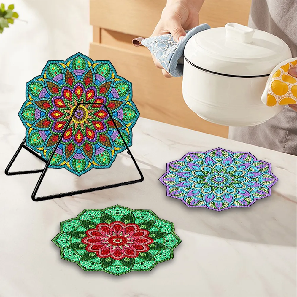 4Pcs Wooden Diamond Painting Placemats Round Diamond Art Table Mats (Mandala)