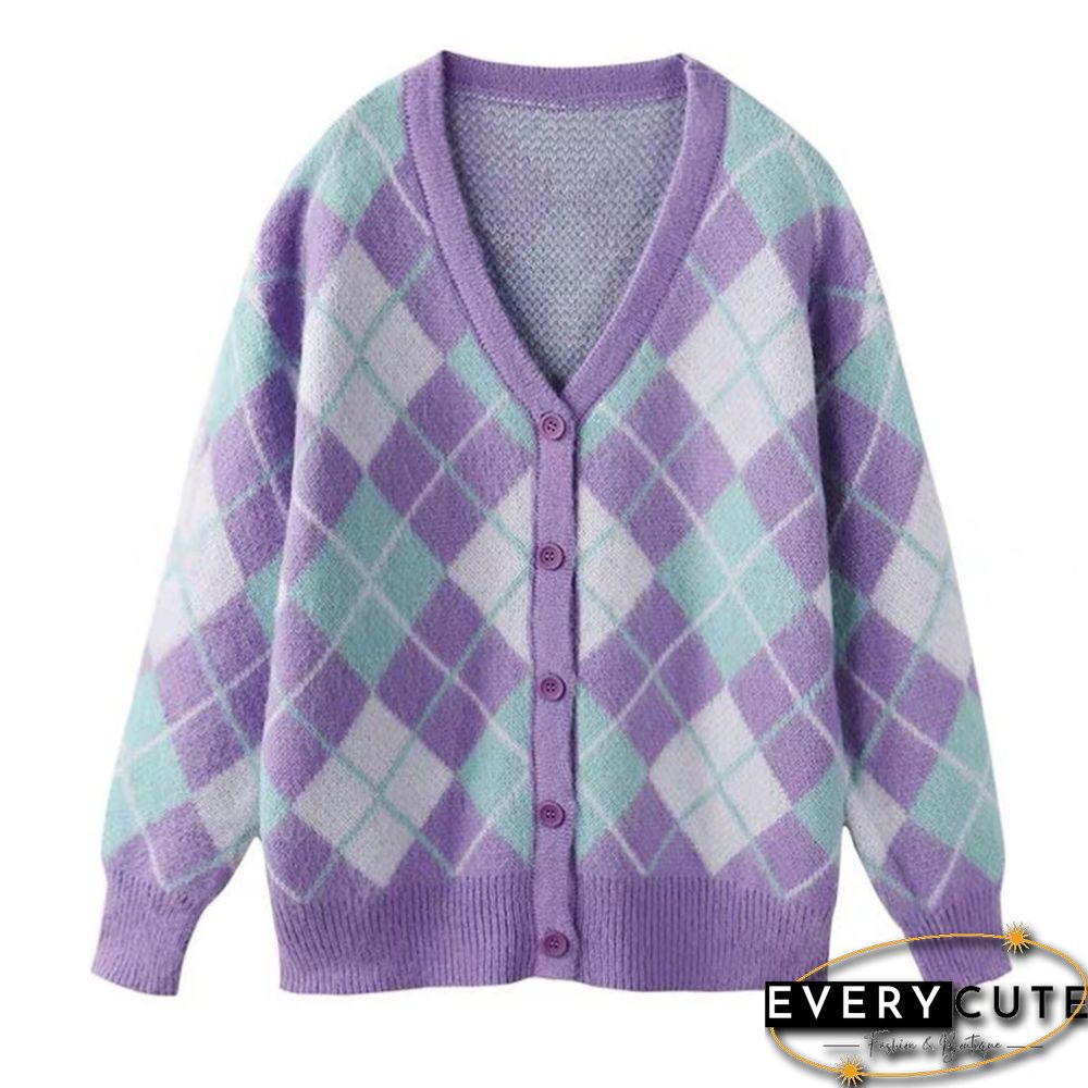 Womens Vintage Argyle Print Button Down Knit Sweater Long Sleeve V Neck Loose Cardigan Autumn Ins Knitting Tops