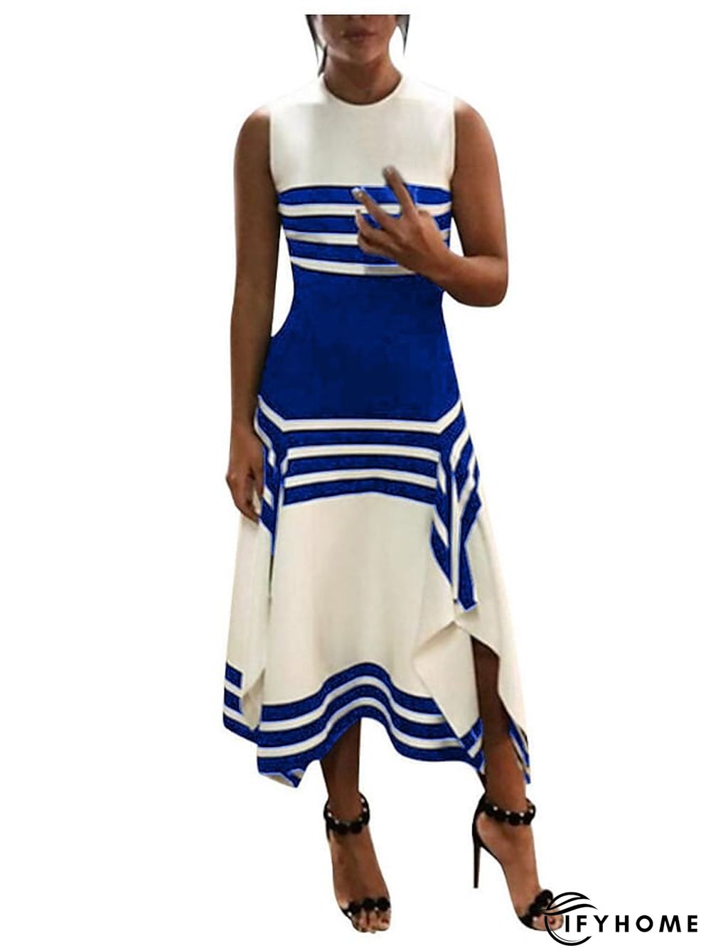 Women's Work Dress Midi Dress White collar stripes Black collar stripes Green Short Sleeve Color Block Print Spring Summer Crew Neck S M L XL XXL XXXL | IFYHOME