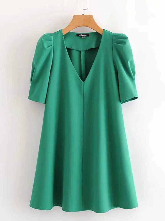 Fashionable V-neck Solid Color All-match Puffy Sleeve Dress