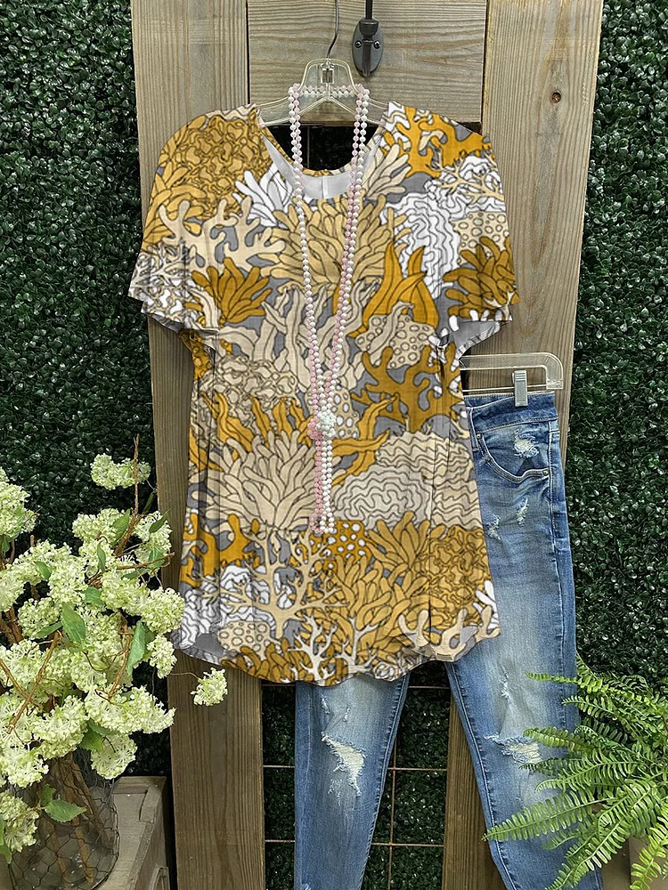 Vintage Vine Print Casual T-shirt-Mayoulove