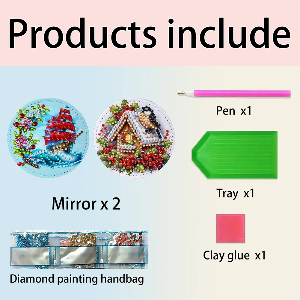 DIY Diamond Art Portable Cosmetic Mirror Diamond Painting Crafts (Sailboat)
