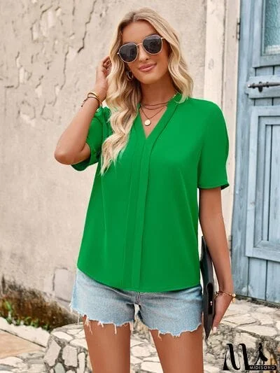 MidiSono - V-Neck Short Sleeve Blouse