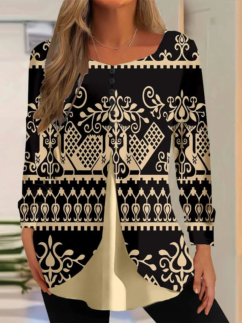 Women Graphic,Black DZGG8291 Long Sleeve Scoop Neck Printed Graphic Button Fake 2in1 Tops