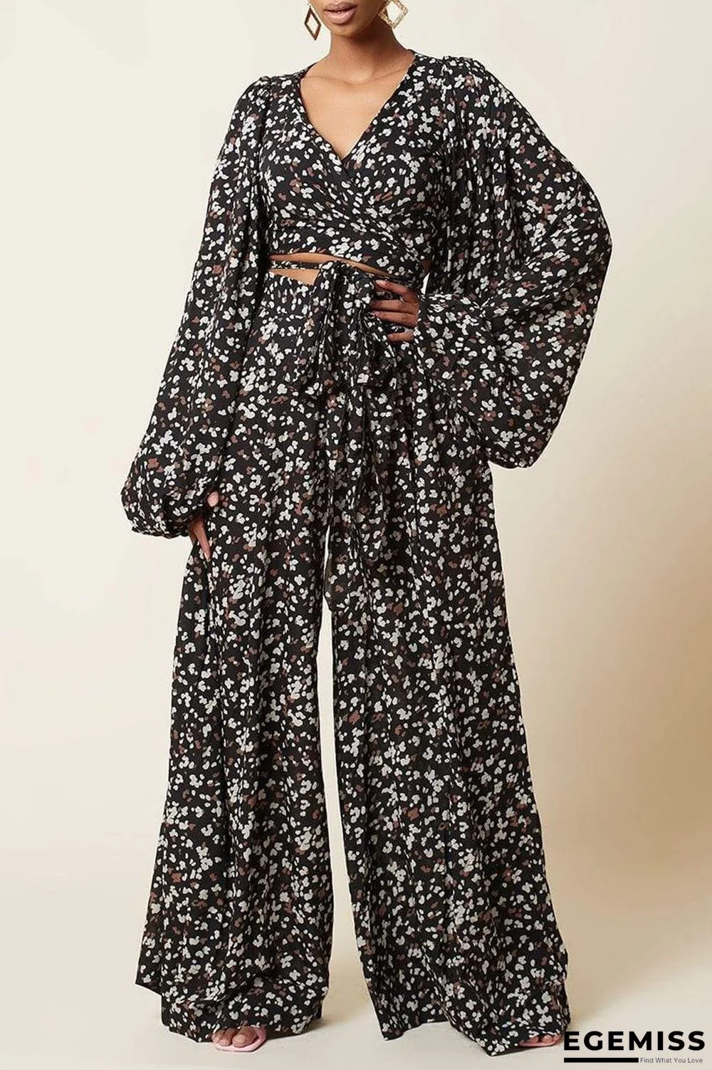 Black Fashion Casual Print Bandage V Neck Long Sleeve Two Pieces | EGEMISS
