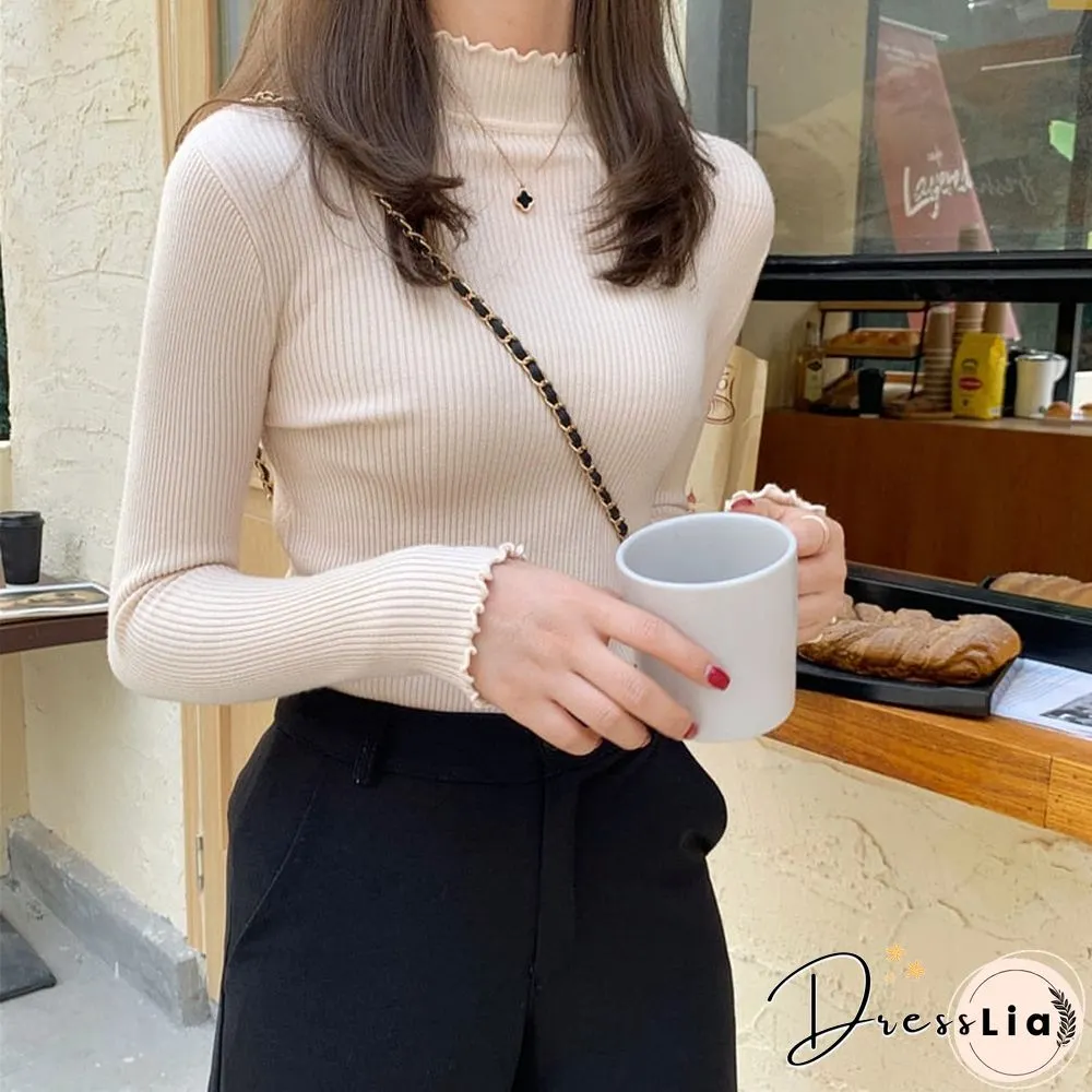Christmas Gift Womens Sweater Women Knitted Ribbed Pullover Long Sleeve Ruffles Turtleneck