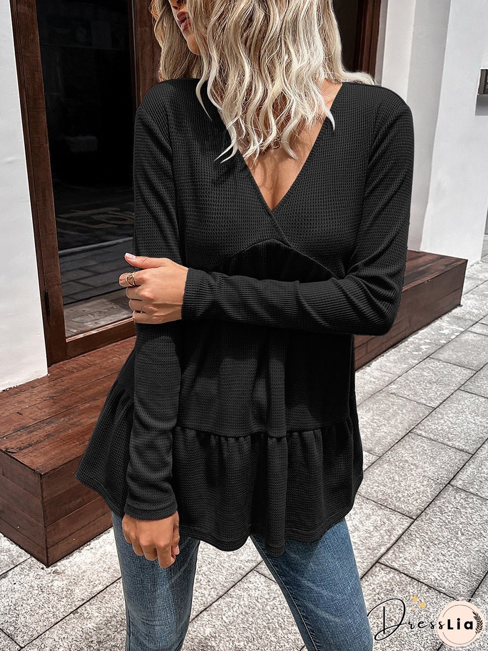 Waffle-Knit V-Neck Long Sleeve Blouse