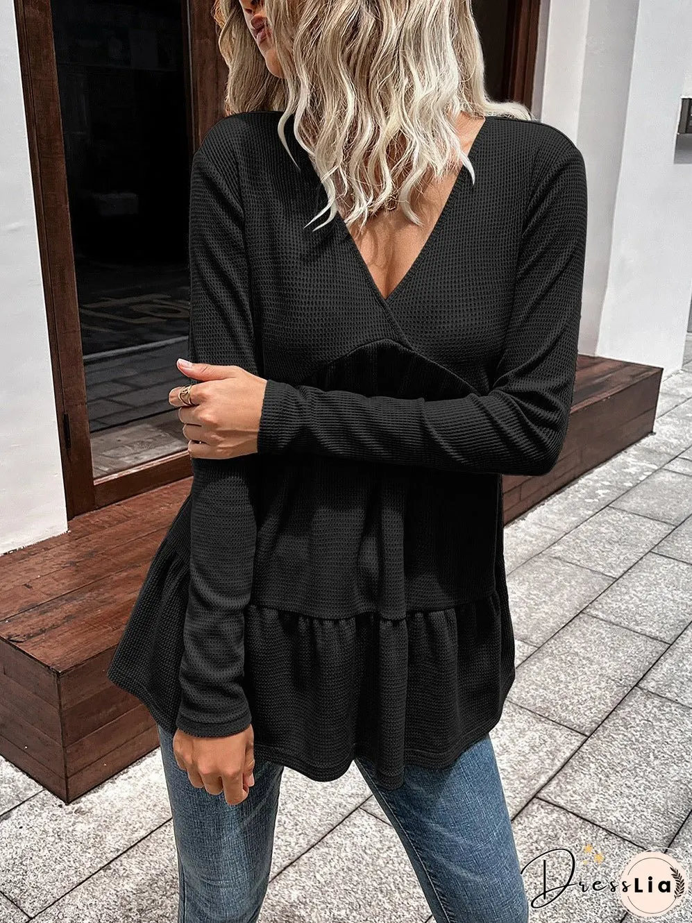Waffle-Knit V-Neck Long Sleeve Blouse
