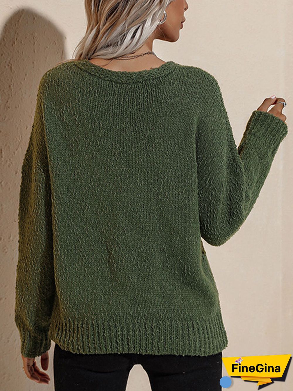 V-neck Long Sleeve Button Women Solid Knitted Cardigan