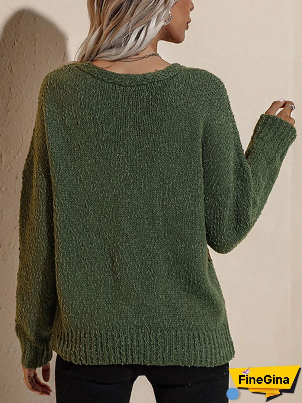 V-neck Long Sleeve Button Women Solid Knitted Cardigan