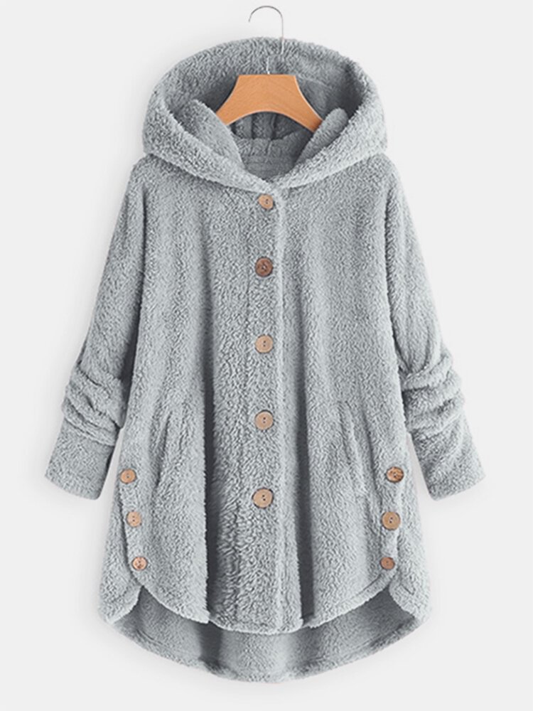 Women Solid Color Button Pocket Loose Plush Casual Coat - Life is Beautiful for You - SheChoic