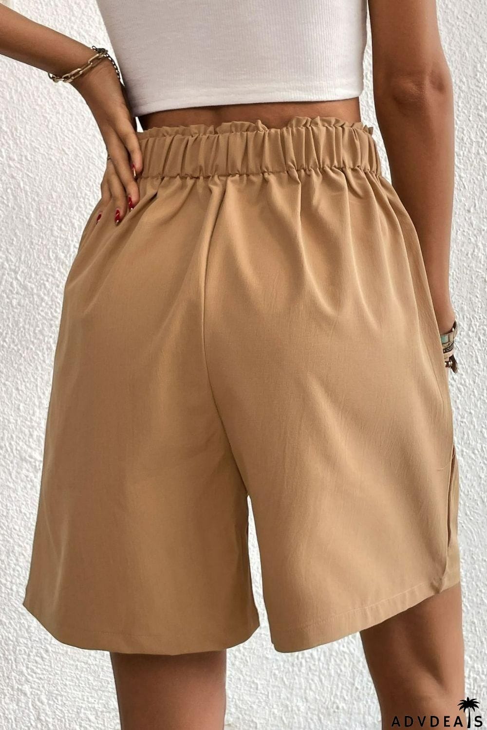 Buttoned Elastic Waist Pleated Detail Shorts