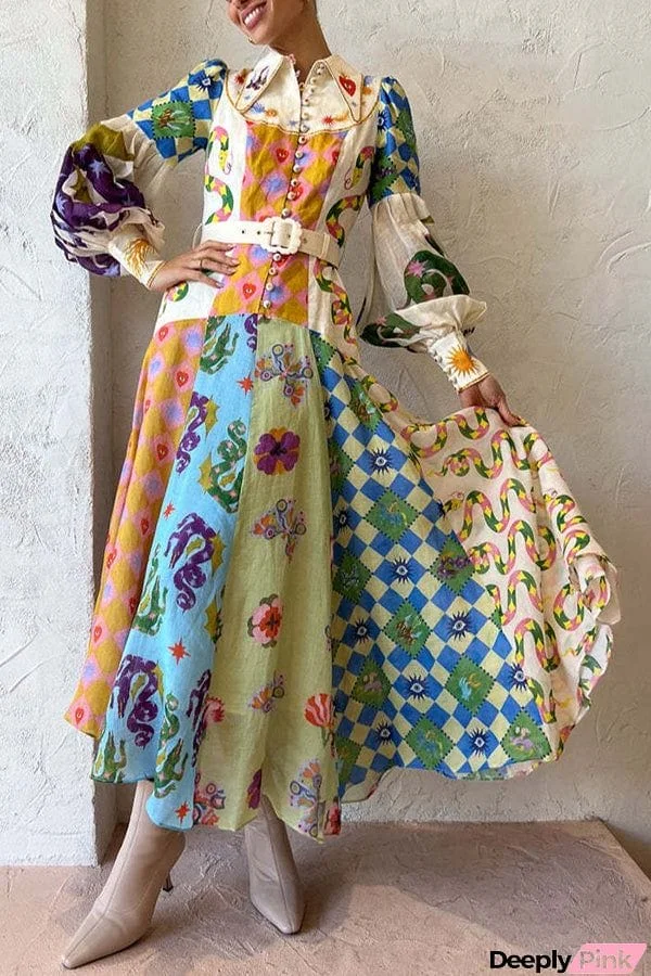 Bold and Chic Irregular Unique Print Balloon Sleeve Belt Shirt Midi Dress