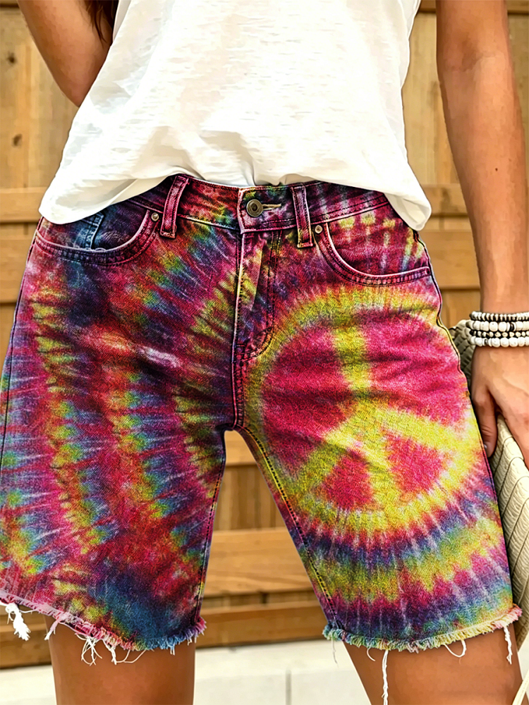 Women's Retro Colorful Tie-dye Peace Art Print Casual Washed Cotton Denim Shorts