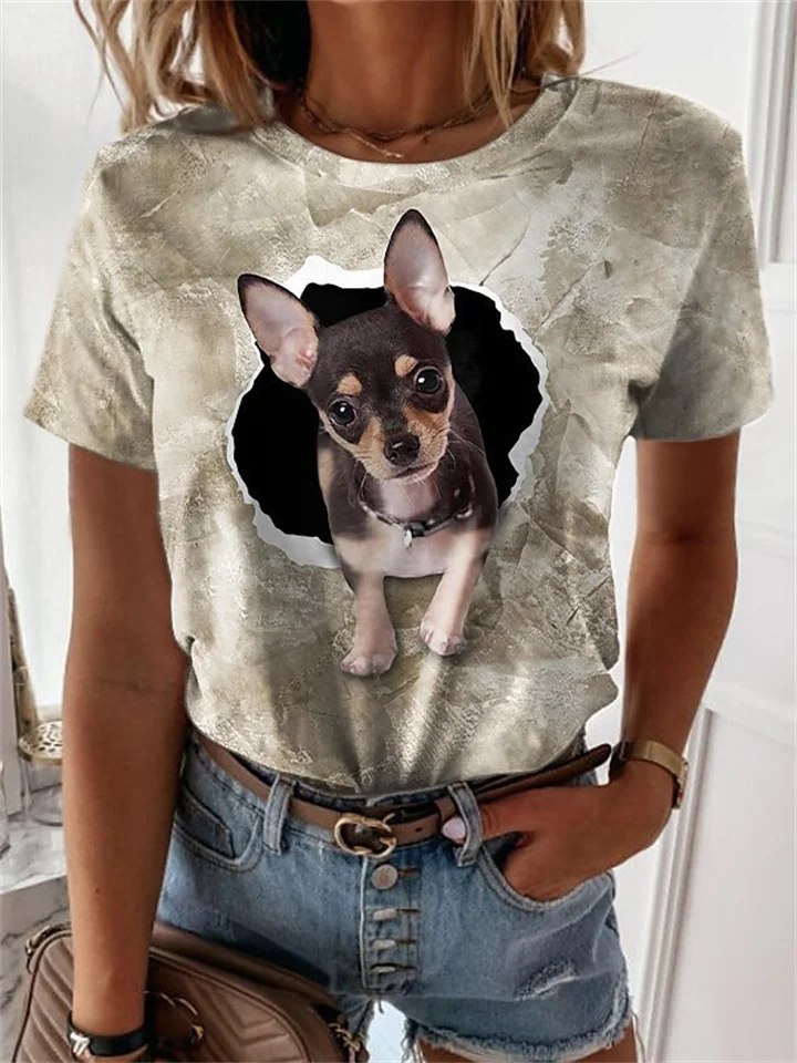 Summer Women's New Round Neck Animal Puppy Pattern 3D Printing Short-sleeved T-shirt-JRSEE