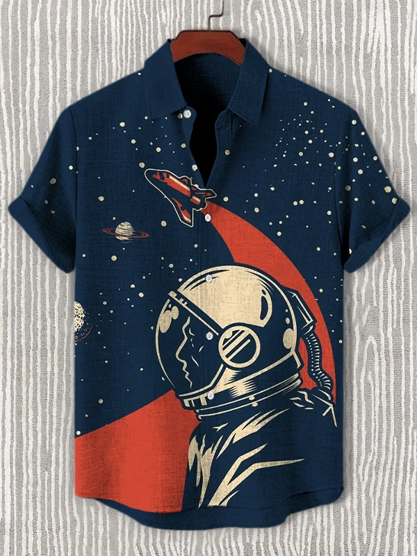 Men's Astronaut and Space Shuttle Print Casual Shirt