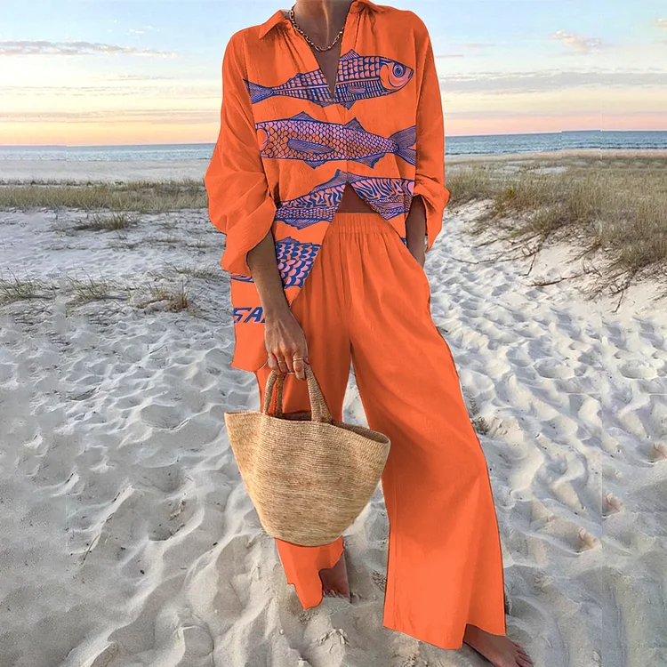 Women's Sardines Printed Shirt & Pants Two-piece Set