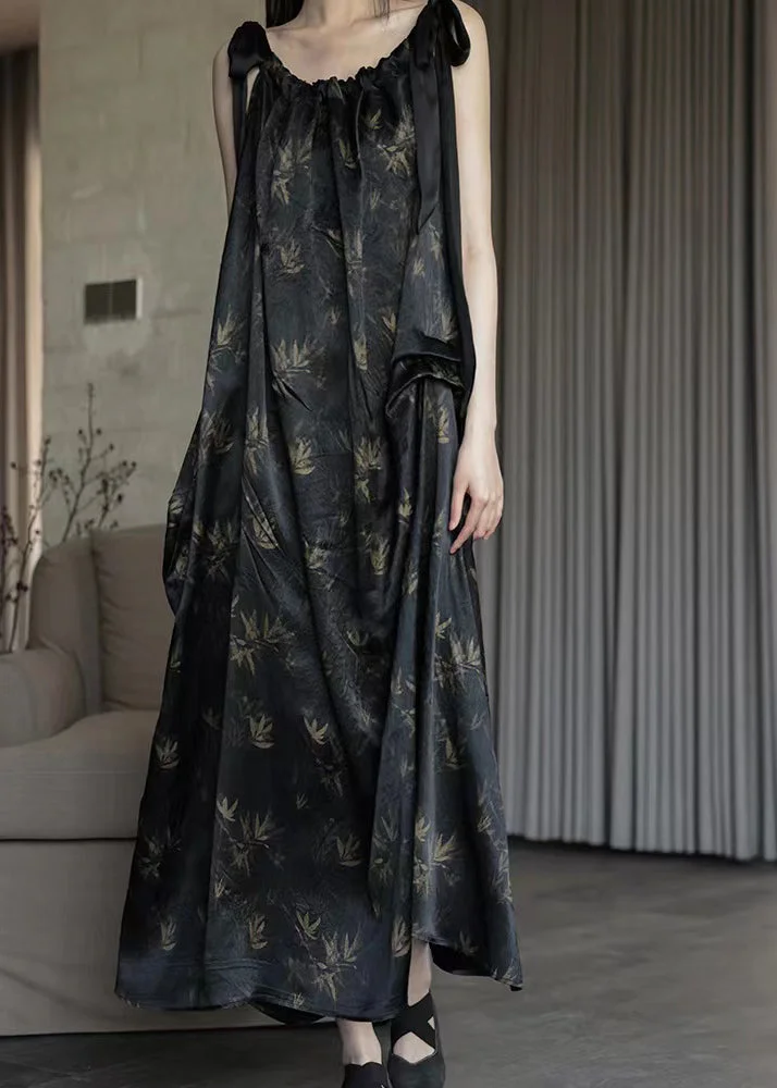 Beautiful Black Print Backless Silk Long Dress Summer