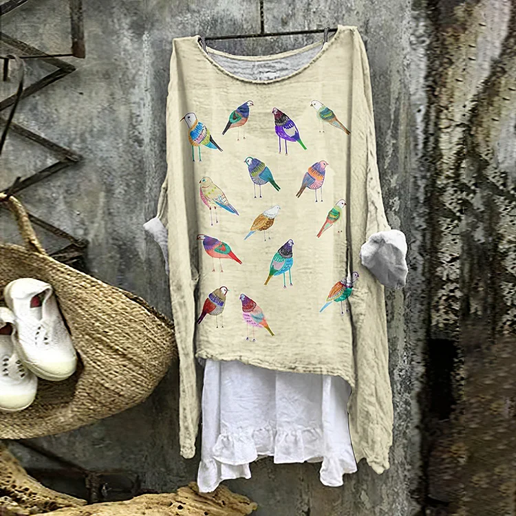Women's Vintage Birds Cozy Linen Blend Tunic