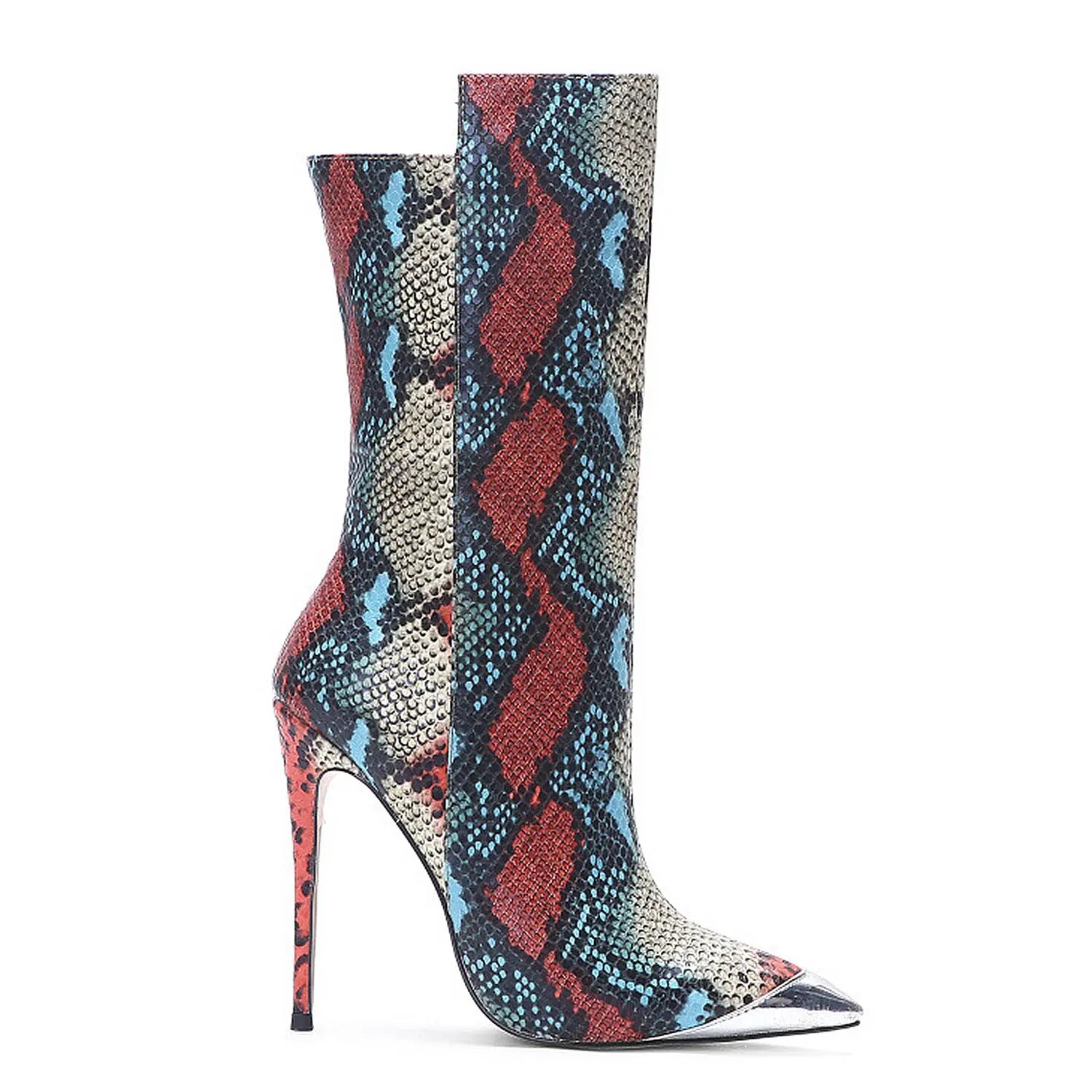 TAAFO Multicolor Snackskin Women Silver Pointed Toe Stilettos Knee-High Boots Crocodile Embossed Lady Long Booties Shoe