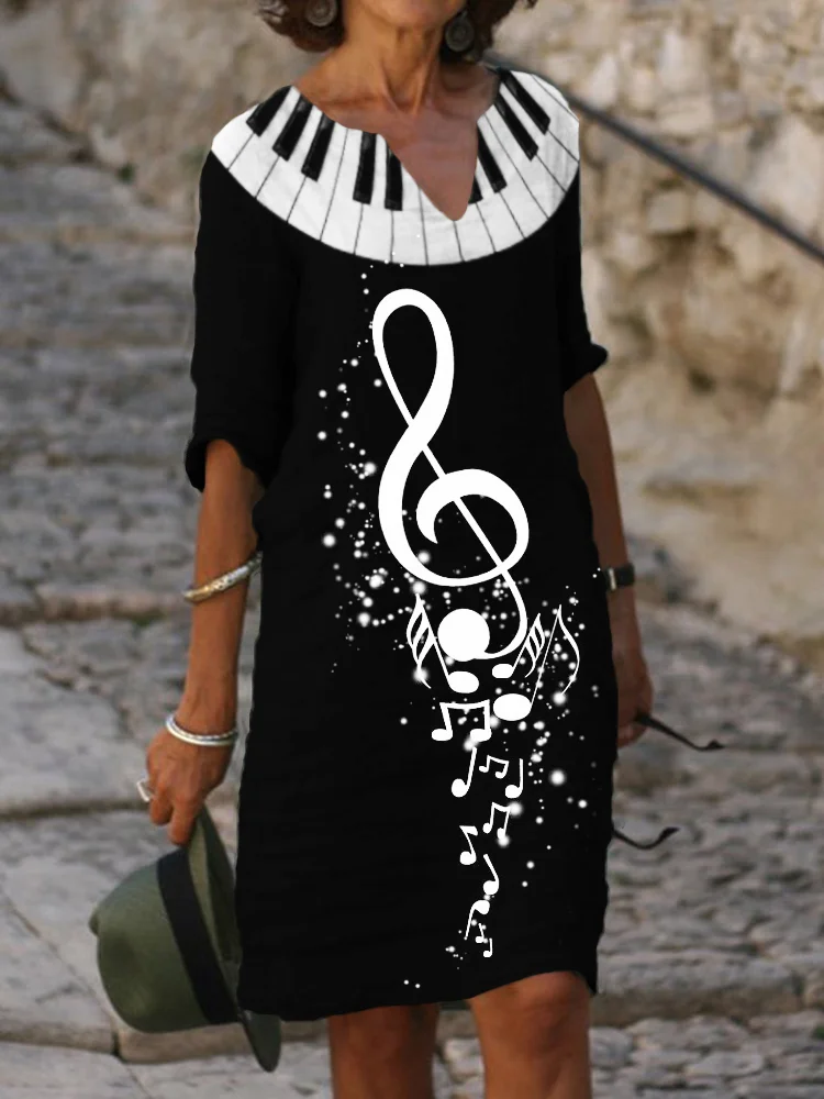 Piano Music Notes Notch Neck Midi Dress