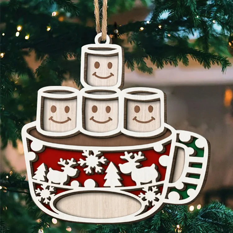Christmas Family Ornament Custom 4 Names Coffee Cup Layered Wood Christmas Ornament