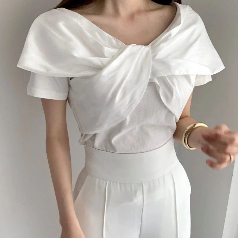 Churchf Churchf Chic Summer Simple Elegant V Neck Kink Design Sense Pure Color Slim Thin Fly Sleeve T-Shirt Jacket Women