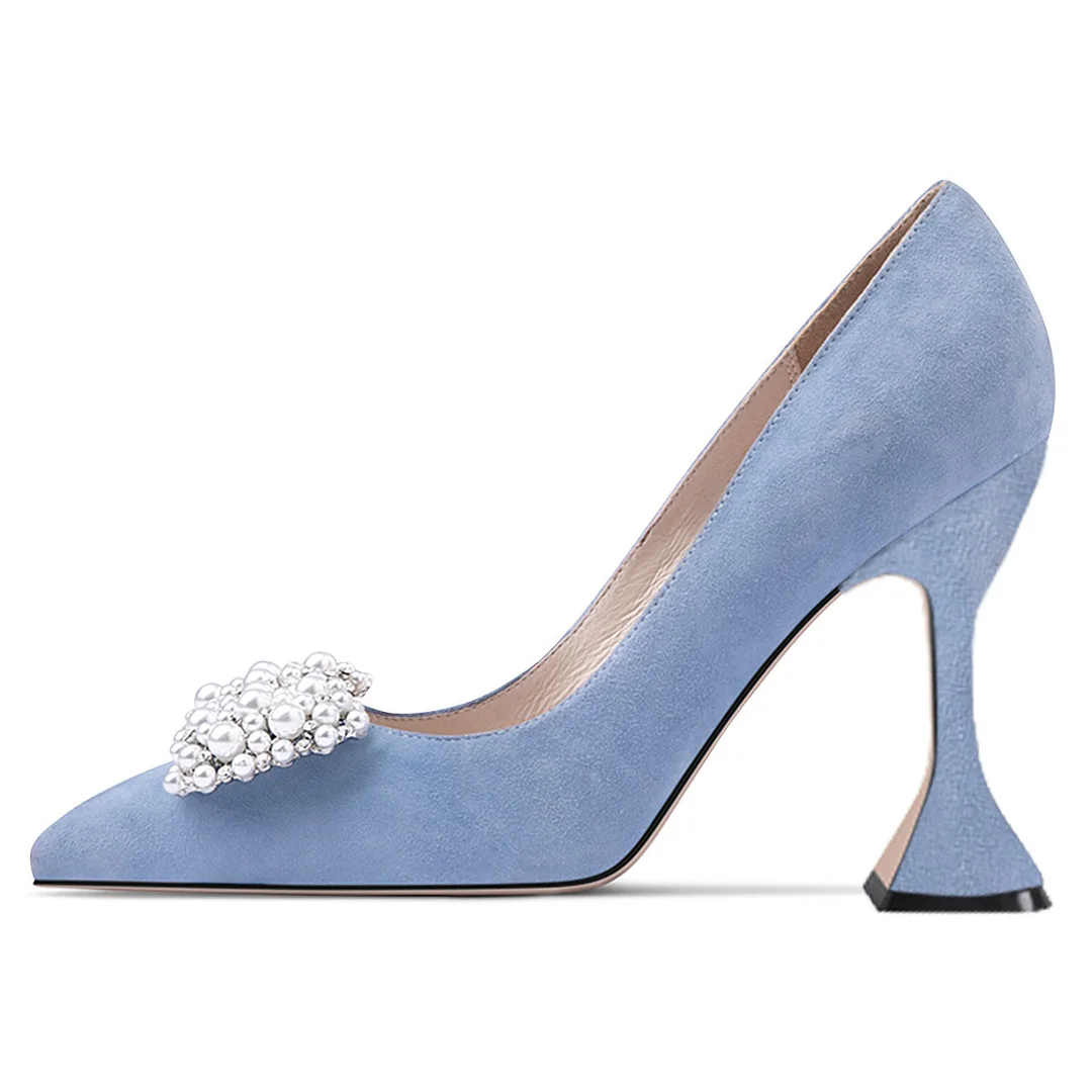 Elegant Light Blue Pointed Toe Pearl and Rhinestone Bow Pumps Heels