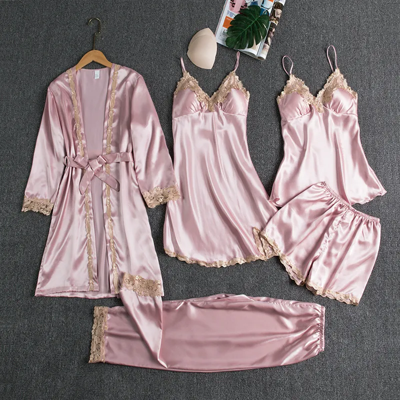 Churchf New Pajamas With Bra Pads Gold Lady With Five Pieces Of Thin Homewear