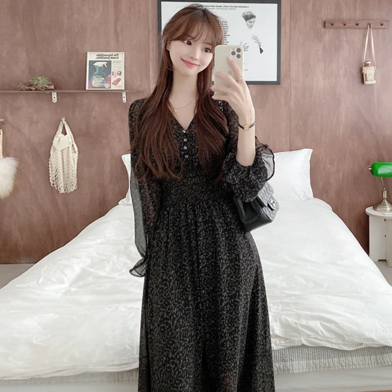 Churchf Churchf Chic Spring French Sweet V Collar Full Screen Floral Design Pleated Feeling Waist Show Thin Long-Sleeved Dress