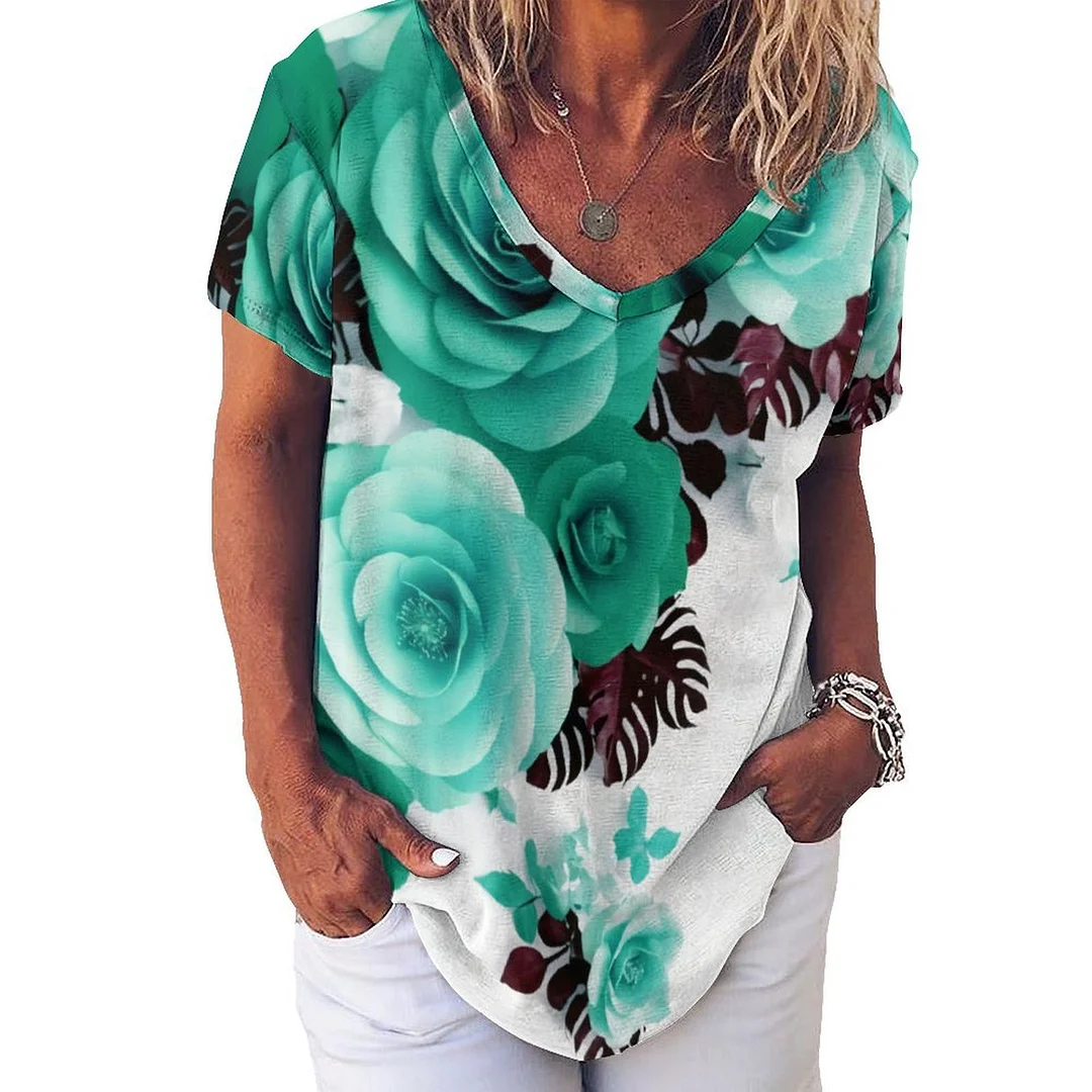 V-neck Short Sleeve Casual T-shirt for  Women Printed with Pattern Turquoise, Floral, Green, Rose