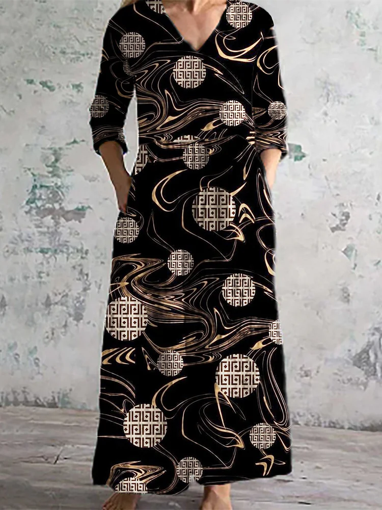 Women's Fashion Elegant Black and Gold Contrast Art Print Three-quarter Sleeve V-neck Long Dress