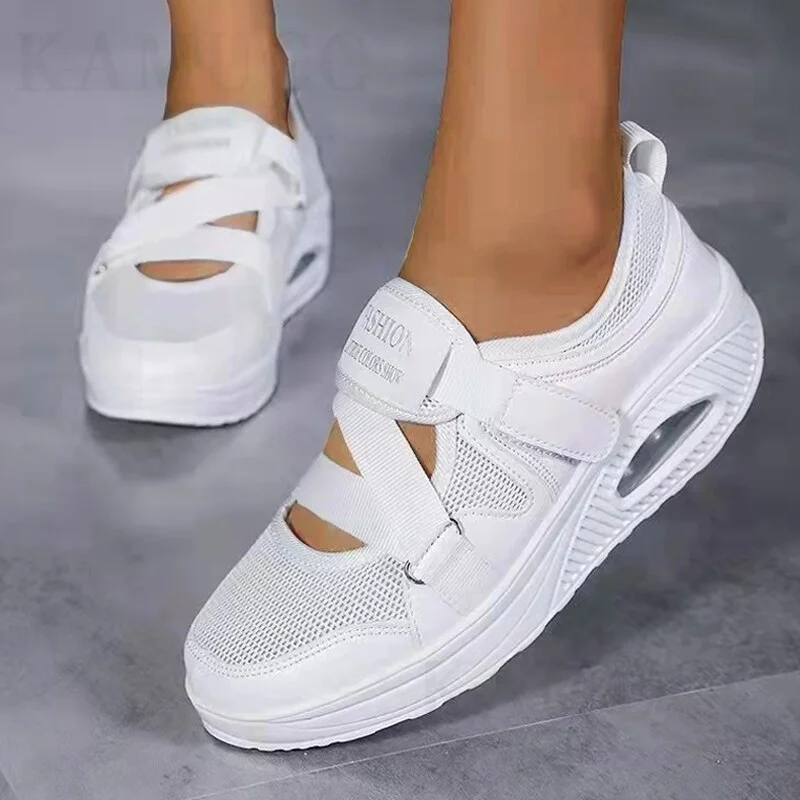 Qengg Women Casual Shoes Woman Platform Summer Hollow Mesh Breathable Shoes Wedge Shoes Ladies Fitness Shoes Flats Plus Size