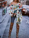 Off-The-Shoulder Floral Print Split-Joint Cropped Long Sleeve Top