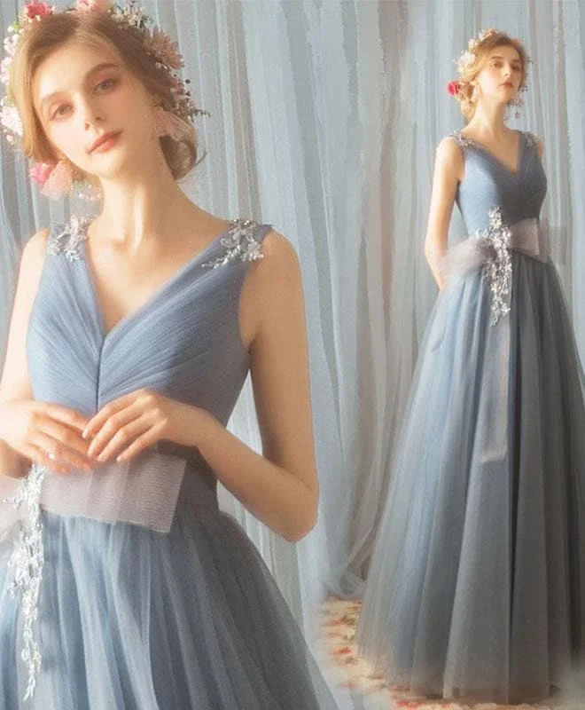Blue V Neck Tulle Lace Long Prom Dress