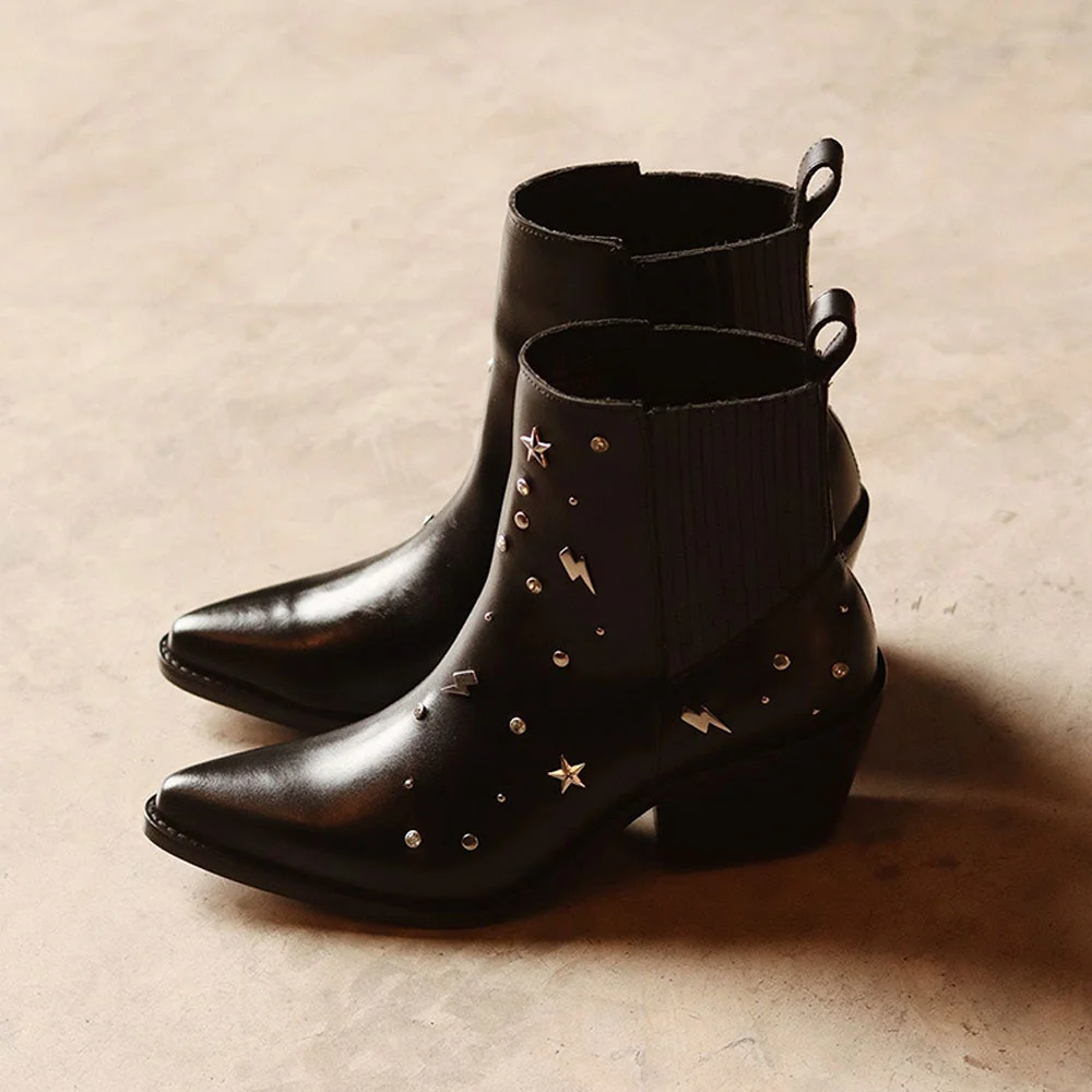 Studded Block Heel Snip Toe Black Western Ankle Boots for Women