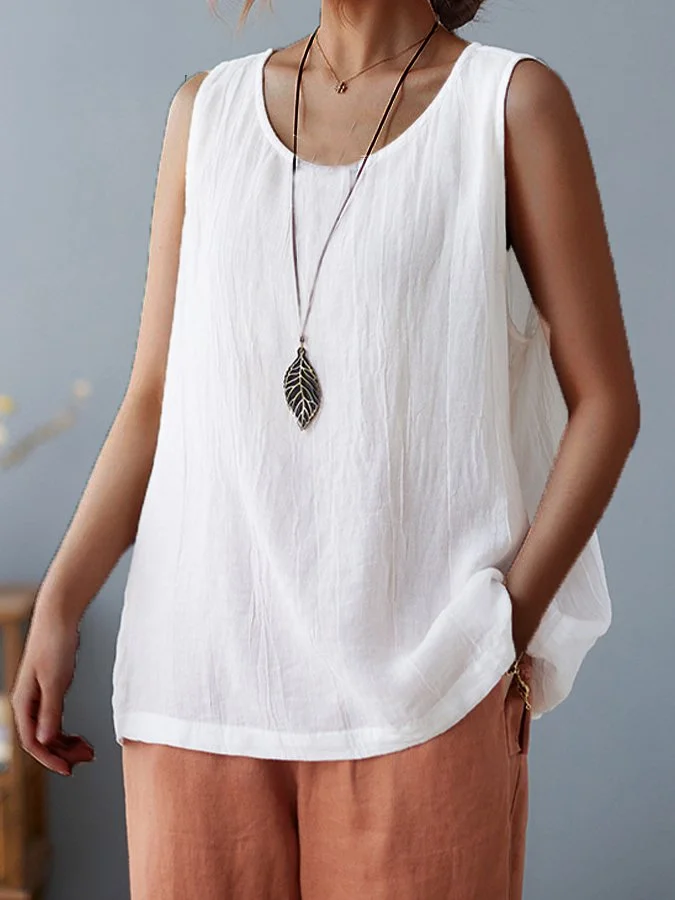 Women's Pure Color Sleeveless Cotton Linen Tee