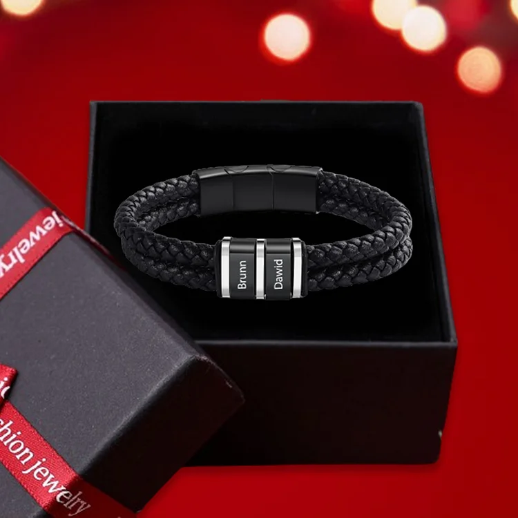 2 Names-Personalized Bead Bracelet Custom Men's Bracelet Engraved Name Personalized Gift Set With Gift Box for Him