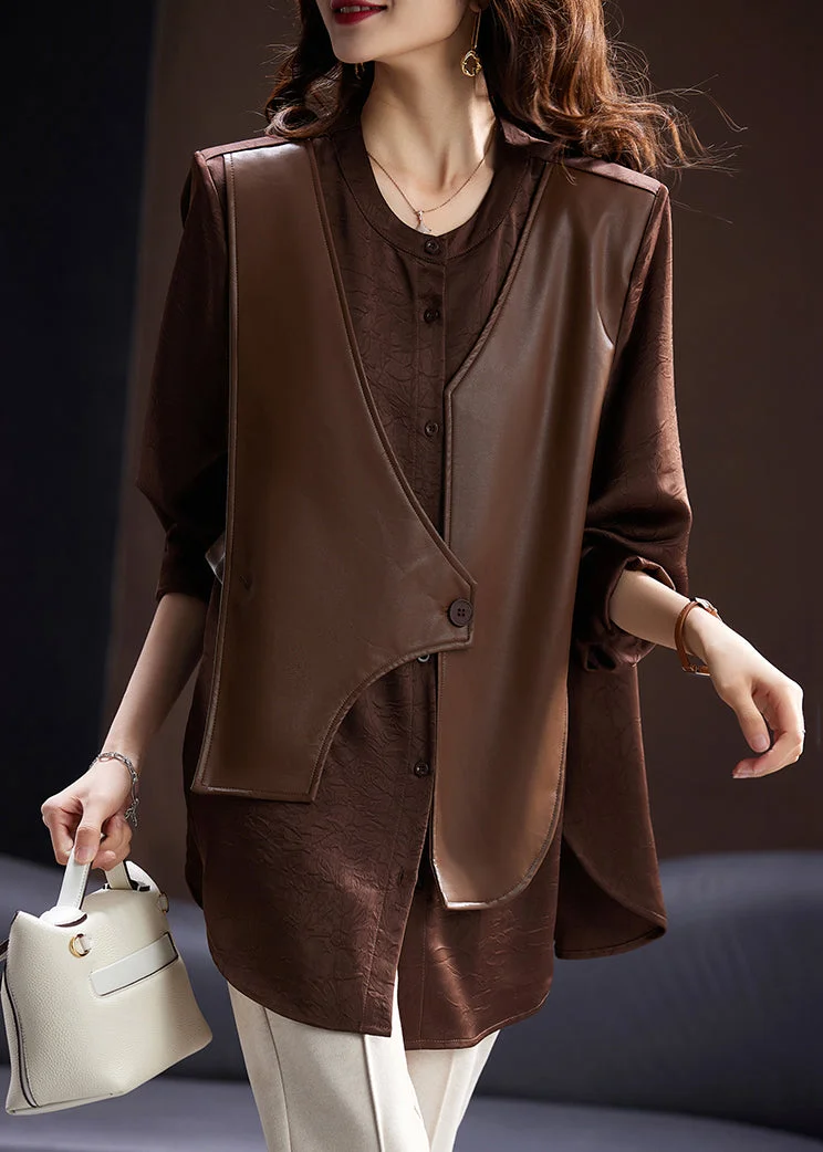 Women Coffee Button Faux Leather Patchwork False Two Pieces Blouses Spring