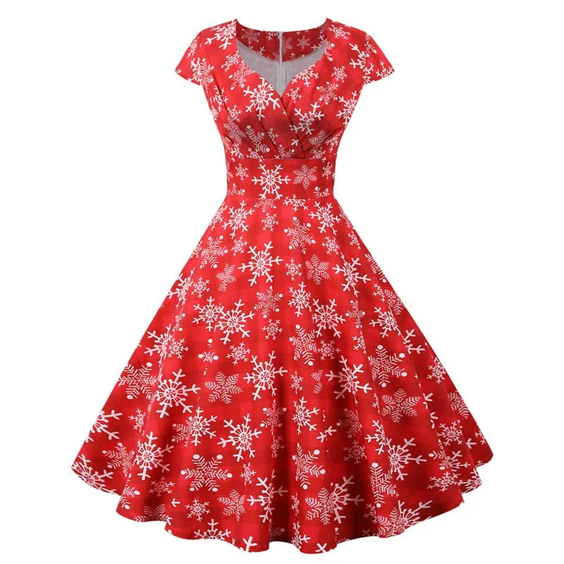 White Print Vintage Christmas Dress Women Winter Big Swing Elegant Short Sleeve V Neck Sexy New Year Party Sundress