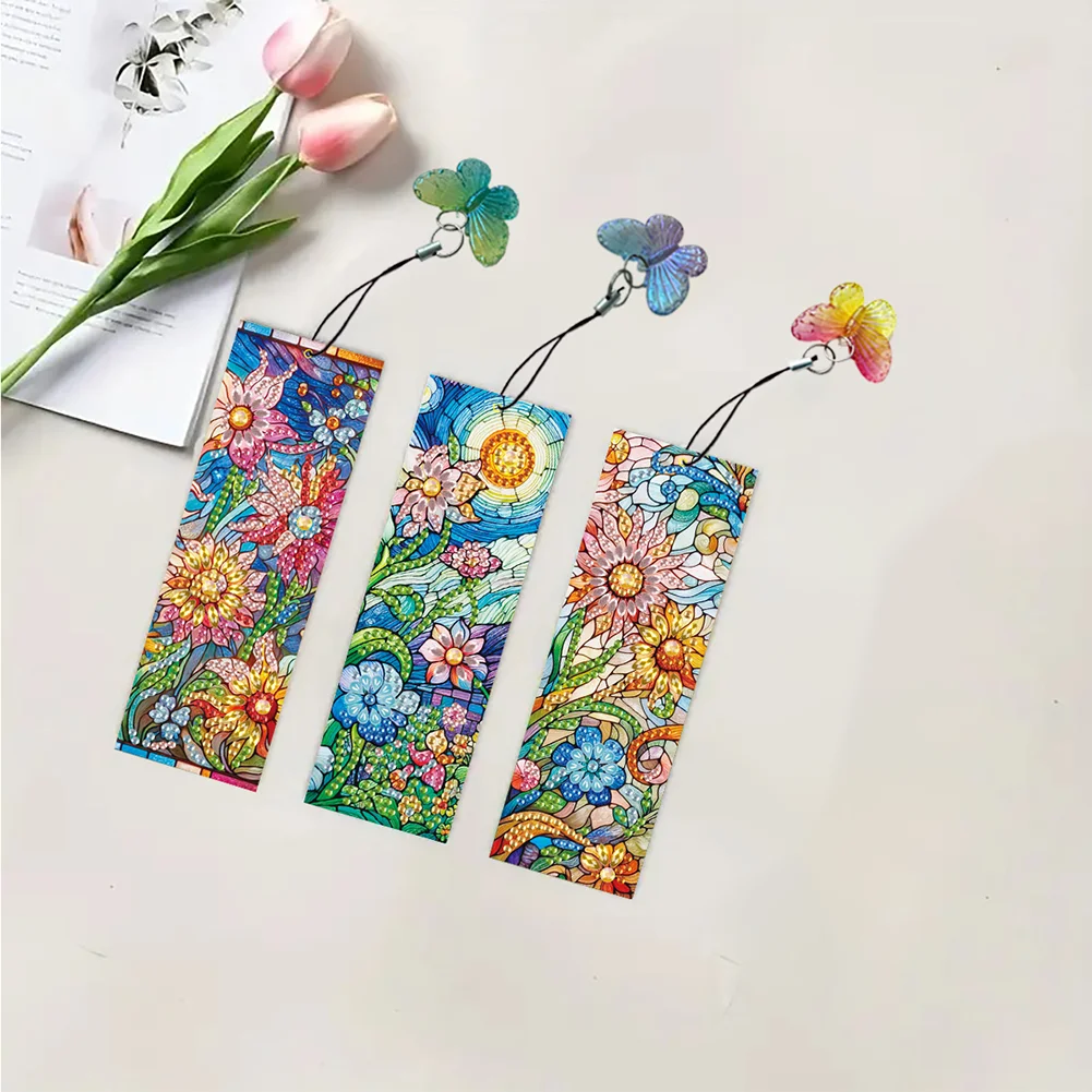 3Pcs Special Shape Flowers 5D DIY Diamond Painting Bookmark with Pendants