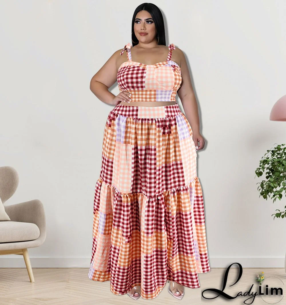 Plus Size Women Clothes Summer Plaid Crop Strap Top Loose Swing Skirt Two Piece Set