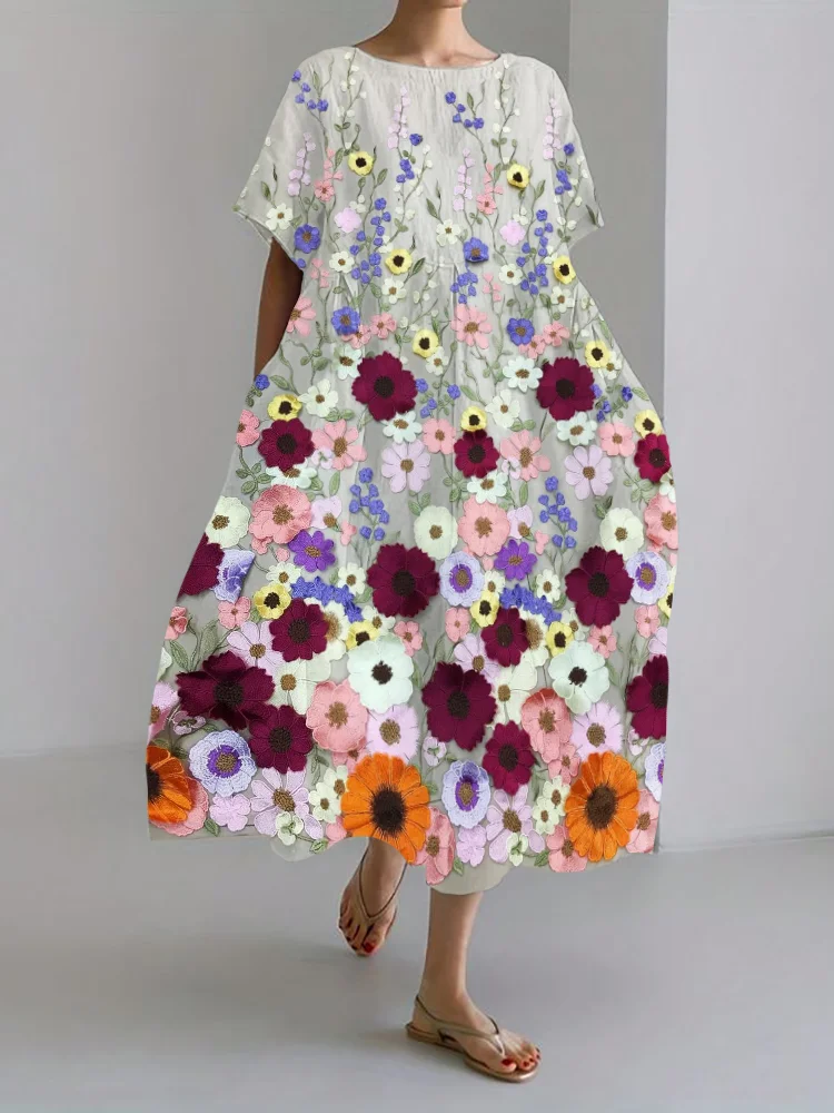 Colorful 3D Floral Embroidered Linen Blend Maxi Dress